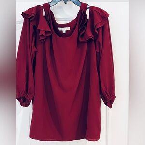 Umgee Burgundy Ruffled Cold Shoulder Blouse